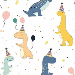 A fun birthday dinosaur pattern with cute, party-hat-wearing dinosaurs celebrating with balloons and confetti