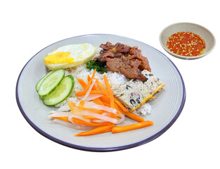 Vietnamese Broken Rice is served with grilled pork. Com tam suon bi cha. Broken rice with grilled pork chop, meatloaf and shredded pork skin. Vietnamese combination broken rice. Cơm Tấm Sườn Bì Chả. 