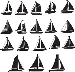set of vector sailboat, sailboat on the sea-water wave silhouettes