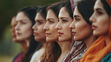 Fototapeta premium A group of women from various cultural and ethnic backgrounds stands in a row, showing diversity and unity. high resolution and a clean, sharp image