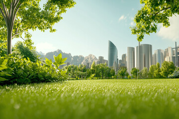Fototapeta premium vibrant green park with futuristic buildings in background showcases clean energy and nature harmony, evoking sense of tranquility and innovation