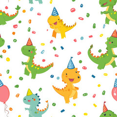 A fun birthday dinosaur pattern with cute, party-hat-wearing dinosaurs celebrating with balloons and confetti