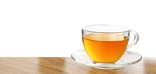 Refreshing green tea in cup on wooden table against white background. Space for text