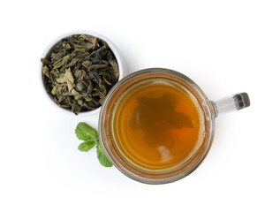 Aromatic mint tea, fresh and dried leaves isolated on white