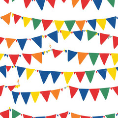 A celebratory birthday banner pattern with triangle bunting flags in bright primary colors