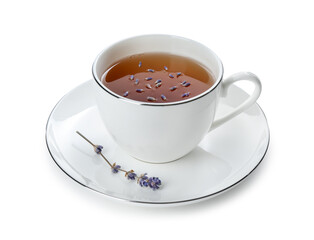 Fototapeta premium Aromatic lavender tea in cup and dry flowers isolated on white