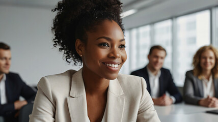 A confident businesswoman smiling during a meeting.