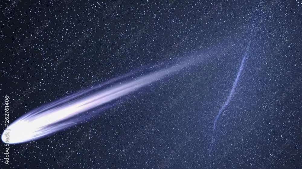Poster a dynamic video scene of a comet streaking through a starry sky, captured from a wide-angle perspect