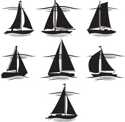 set of vector sailboat, sailboat on the sea-water wave silhouettes