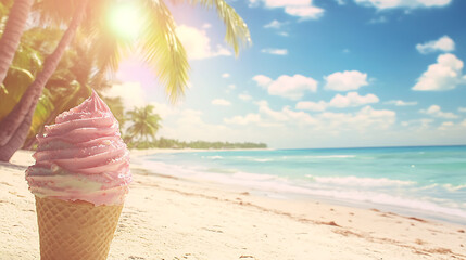Refreshing Ice Cream Cone Beach Paradise on a Summer Day Vacation in Tropical Climate Scene