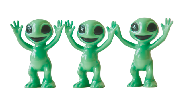 three green alien toys with glowing eyes on a transparent background, PNG image, PNG file, Generative art.