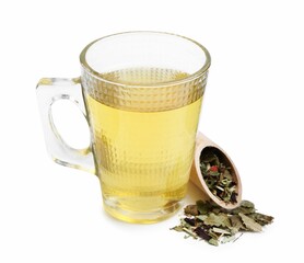 Delicious herbal tea and dry leaves isolated on white