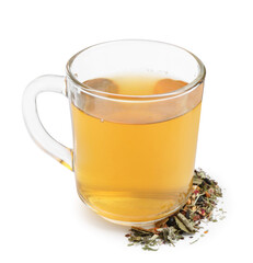 Delicious herbal tea and dry leaves isolated on white