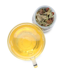 Delicious herbal tea and dry leaves isolated on white, top view