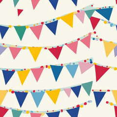 Obraz premium A celebratory birthday banner pattern with triangle bunting flags in bright primary colors