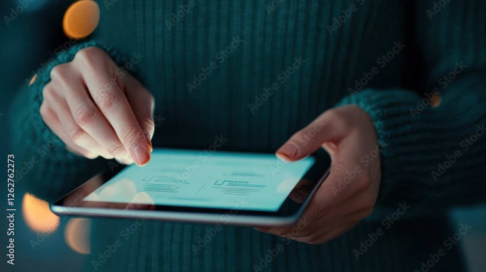 Poster a person interacts with a tablet device, illuminated by ambient light, showcasing a casual and tech-
