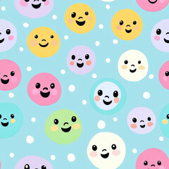 Fototapeta premium A kawaii-inspired dot pattern with smiling cartoon faces inside each dot, arranged in a fun and colorful design. Perfect for kids' apparel or stickers