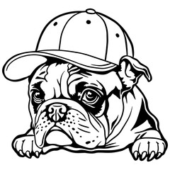 Cool bulldog wearing a baseball cap. Stylish and expressive dog illustration in black and white. Perfect for tattoo designs, apparel prints, stickers, posters, and pet lovers. Vector line art