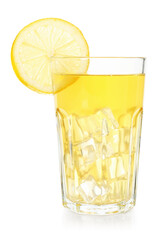 Refreshing iced tea with slice of lemon isolated on white