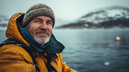 Scandinavian Fishing Photography: Caucasian Traveler Portrait Capturing Tranquil Moments by Pristine Waters in a Serene Setting.
