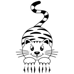 Cute black and white vector illustration of a playful cartoon cat with big eyes, sharp claws, and a striped tail. Perfect for stickers, decals, tattoos, logos, and pet-themed designs.