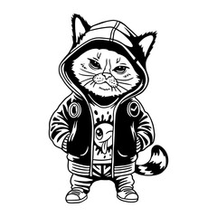 Stylish black and white vector illustration of a cool street cat wearing a hoodie and urban outfit. Perfect for tattoo designs, apparel prints, stickers, posters, and urban-themed artworks.