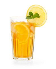 Refreshing iced tea with slices of lemon and mint in glass isolated on white