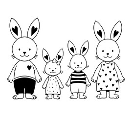 Adorable bunny family illustration with heart details. Cute rabbits in stylish outfits, perfect for kids' prints, nursery decor, greeting cards, and Easter designs. Black and white vector drawing