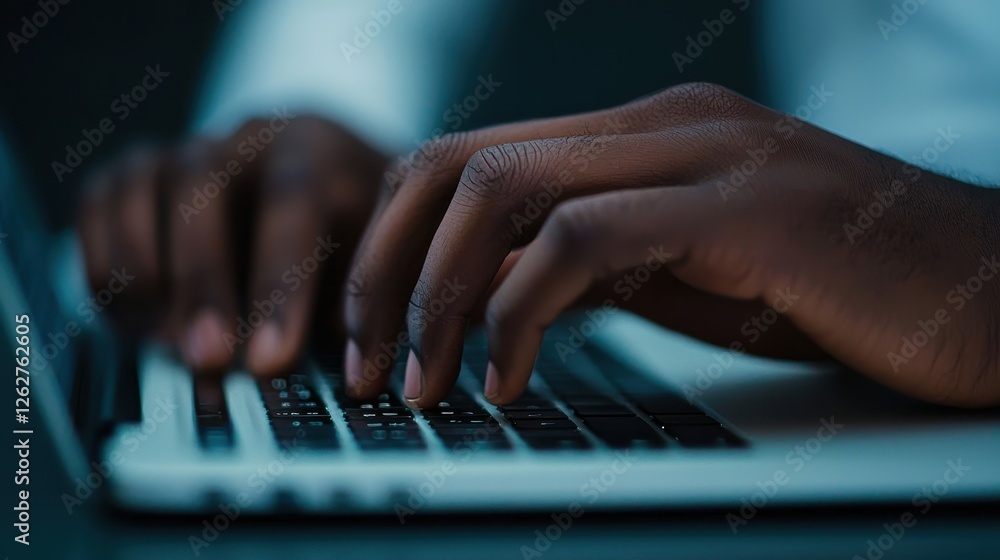 Poster a close-up of hands typing on a laptop keyboard, emphasizing technology and productivity in a digita