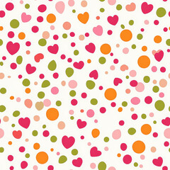 A cute design of small circles, hearts, and dots, arranged in a playful, repeating pattern with bright colors like pink, orange, and green. The lively design is ideal for kids' fashion or accessories