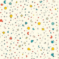 A charming storybook-inspired dot pattern, where each dot contains tiny whimsical doodles like stars, moons, and animals