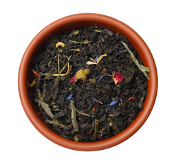 Fototapeta premium Dry tea leaves in bowl isolated on white, top view