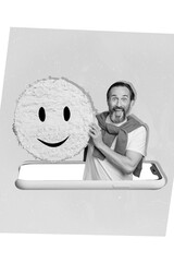 Poster creative magazine collage of aged man from smart gadget showing huge smiley face forum interaction reaction
