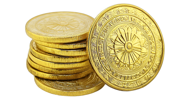 a stack of golden coins on a transparent background, PNG image, PNG file, Generative art.