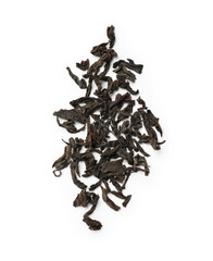 Pile of dry tea leaves isolated on white, top view