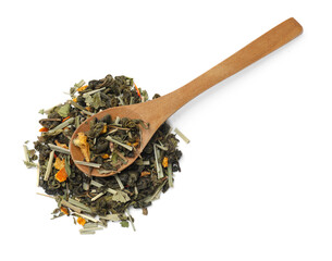 Dry tea leaves in wooden spoon isolated on white, top view