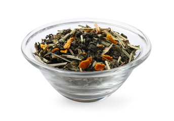 Dry tea leaves in glass bowl isolated on white