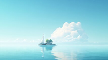Obraz premium Sailboat near a small island with a cloud.