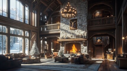 Obraz premium Luxurious mountain lodge interior with fireplace and christmas tree
