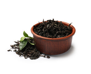 Fototapeta premium Dried and fresh tea leaves in bowl isolated on white