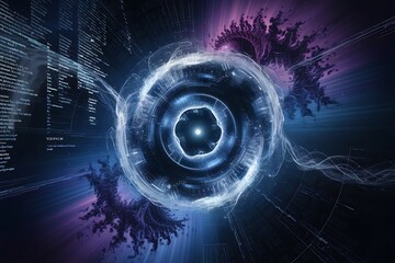 An abstract image depicting a futuristic digital interface with swirling code and data streams. Blue and purple hues dominate the concentric circular design, suggesting technological advancement.