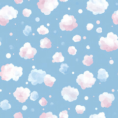 A charming pattern of fluffy cloud-like dots in pastel pink and blue, floating on a sky-blue background. A dreamy and whimsical design for children's textiles