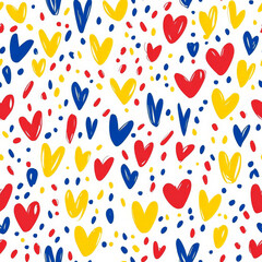 A playful mix of hearts, lines, and dots, scattered across the design in bold primary colors of red, yellow, and blue. The energetic pattern is perfect for kids' toys or room decor