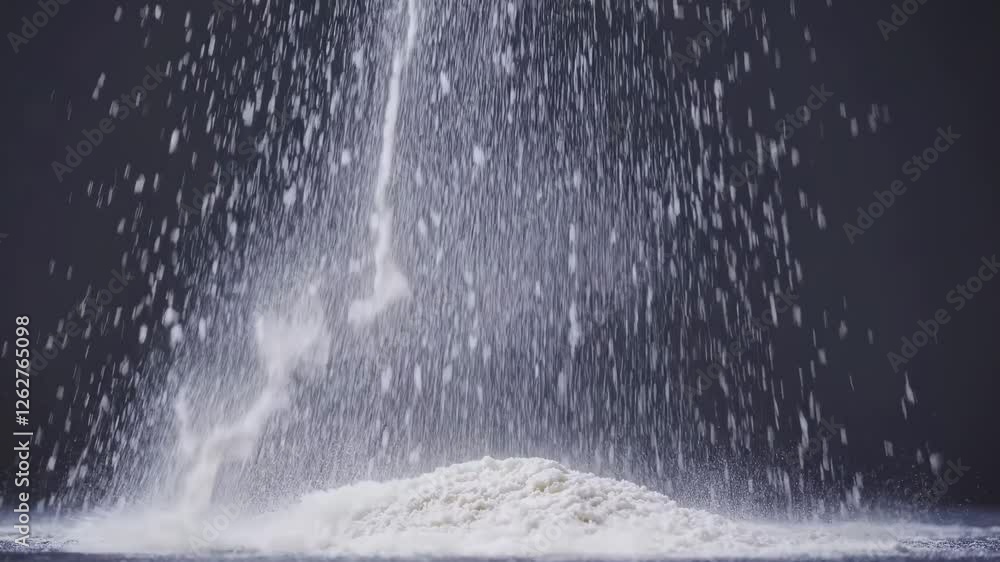 Poster A dynamic video captures flour cascading from above in slow motion, with a low-angle shot emphasizing the dramatic flow against a dark background.
