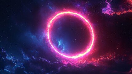 Luminous pink ring hovers in deep space amongst nebulae