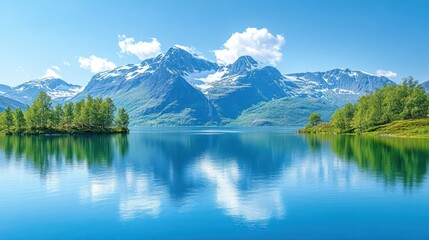 Serene mountain lake, tranquil reflection, scenic landscape, idyllic summer