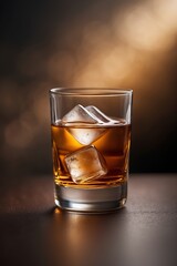 Warm amber beverage with ice cubes illuminated in soft light on a dark surface