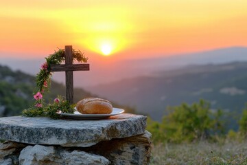 A wooden cross adorned with flowers and bread sits on a stone altar overlooking a sunset-lit valley. A serene image of faith, renewal, and Lent symbolism.