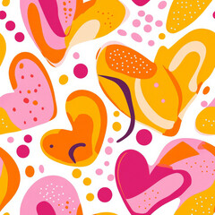 A vibrant pattern of large hearts, dots, and curving lines, in bold colors like orange, pink, and yellow. The dynamic design is ideal for kids' clothing, toys, or accessories