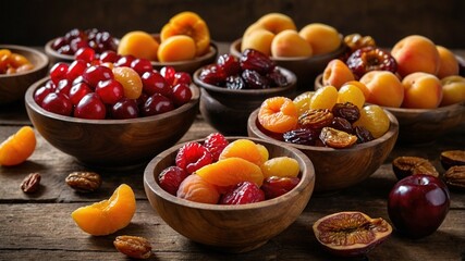 A beautifully arranged assortment of premium dried fruits elegantly displayed in rustic wooden bowls.